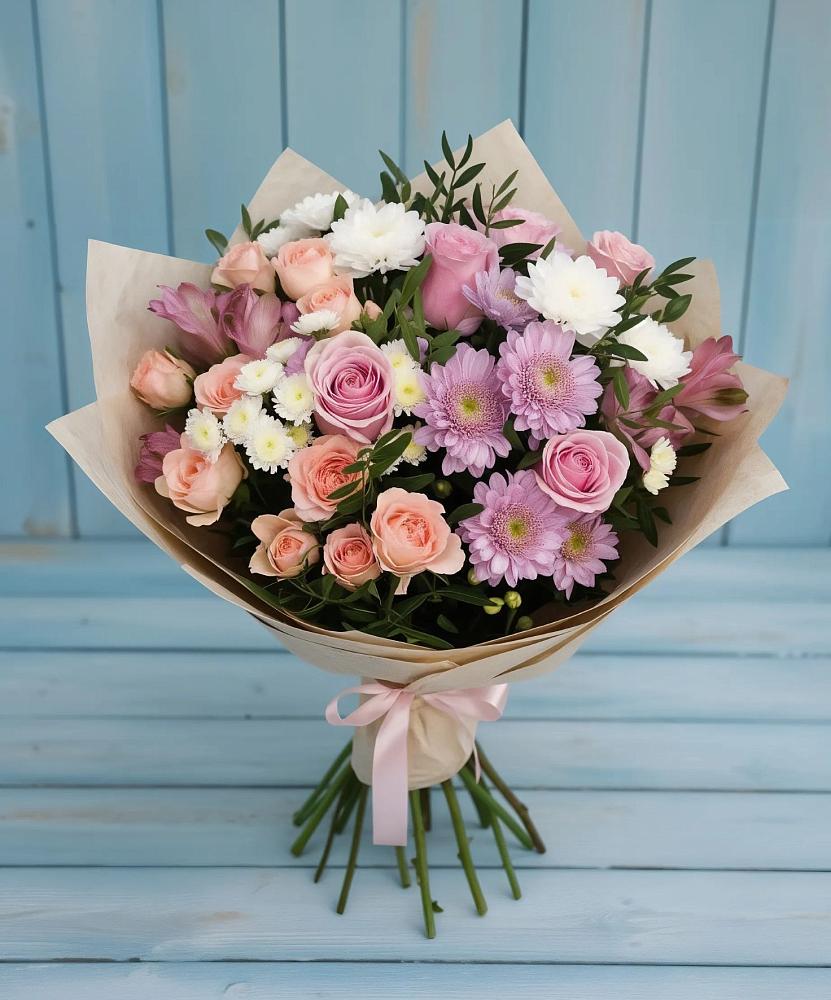 Букет цветов из: Хризантемы, Розы и Альстромерии в Борское