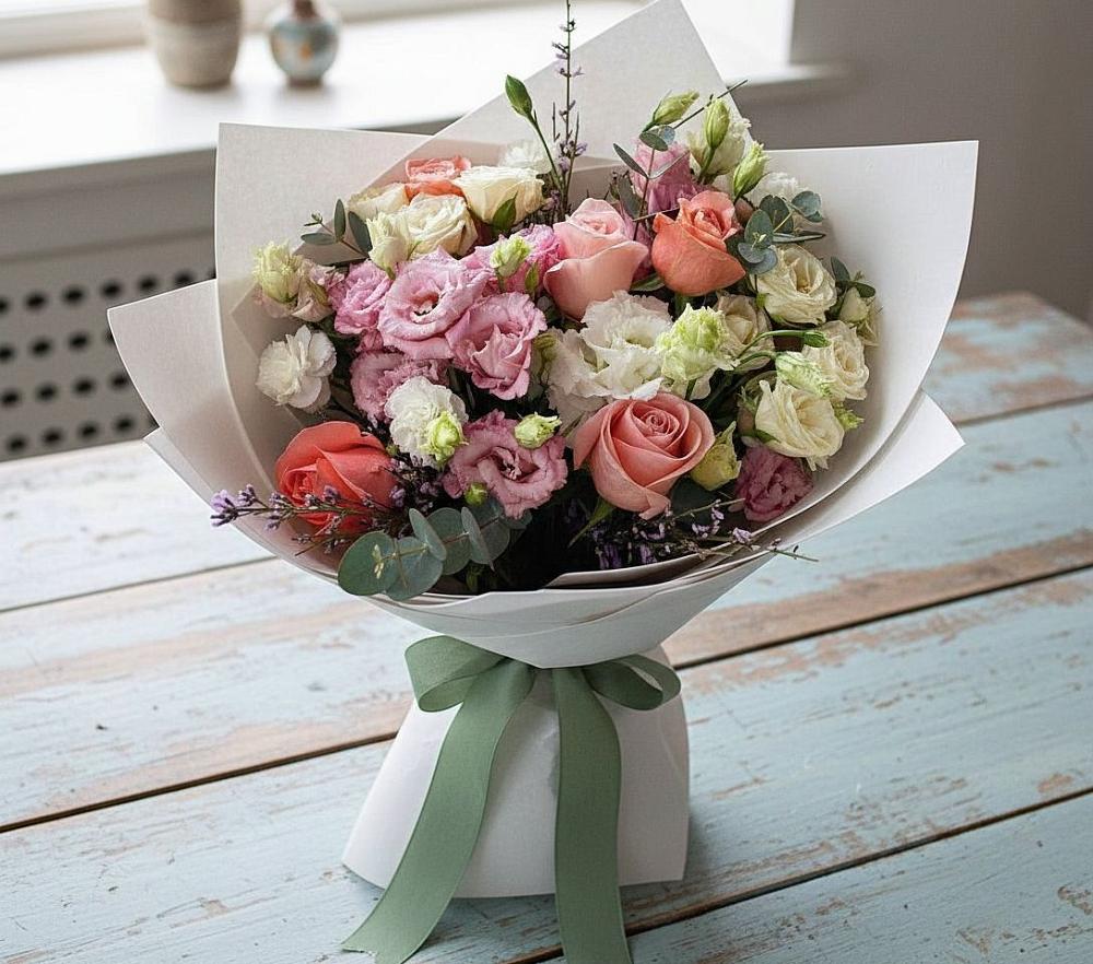 Букет цветов из: Розы, Лизиантусы и Гвоздики в Борское