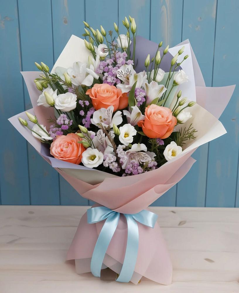 Букет цветов из: Лизиантусы, Розы, Альстромерии и Гипсофила в Борское