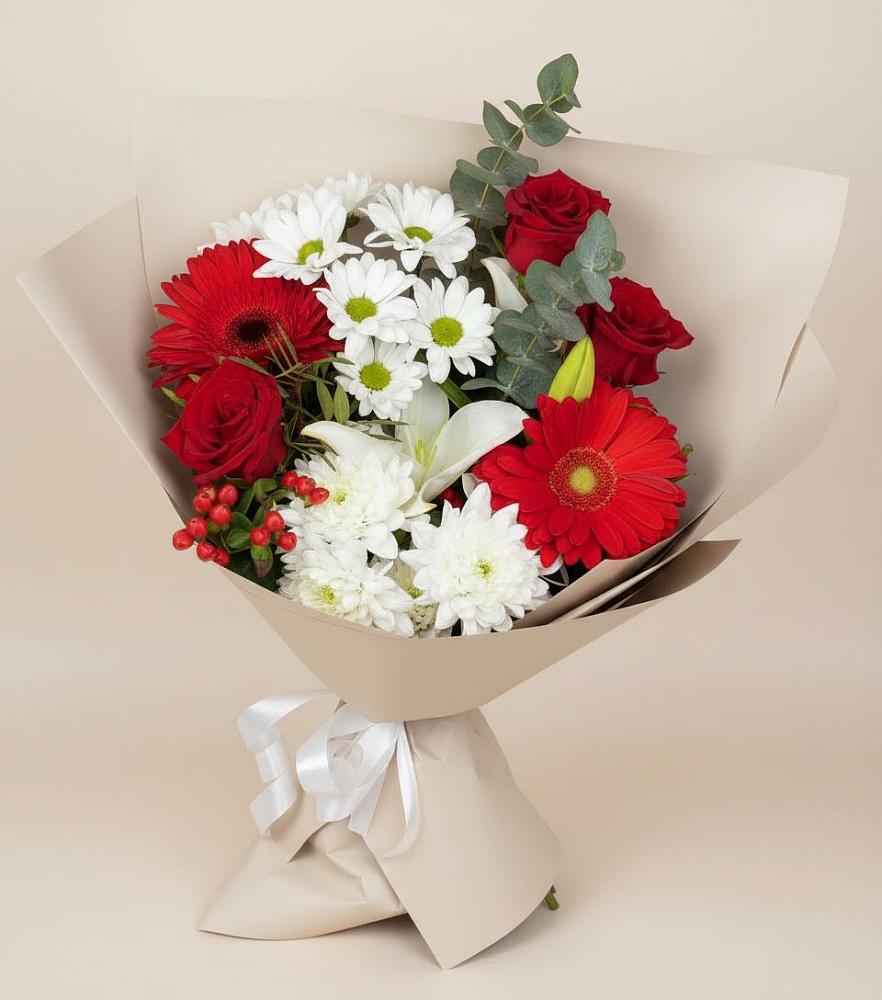 Букет цветов из: Розы, Хризантемы, Герберы и Лилии в Борское
