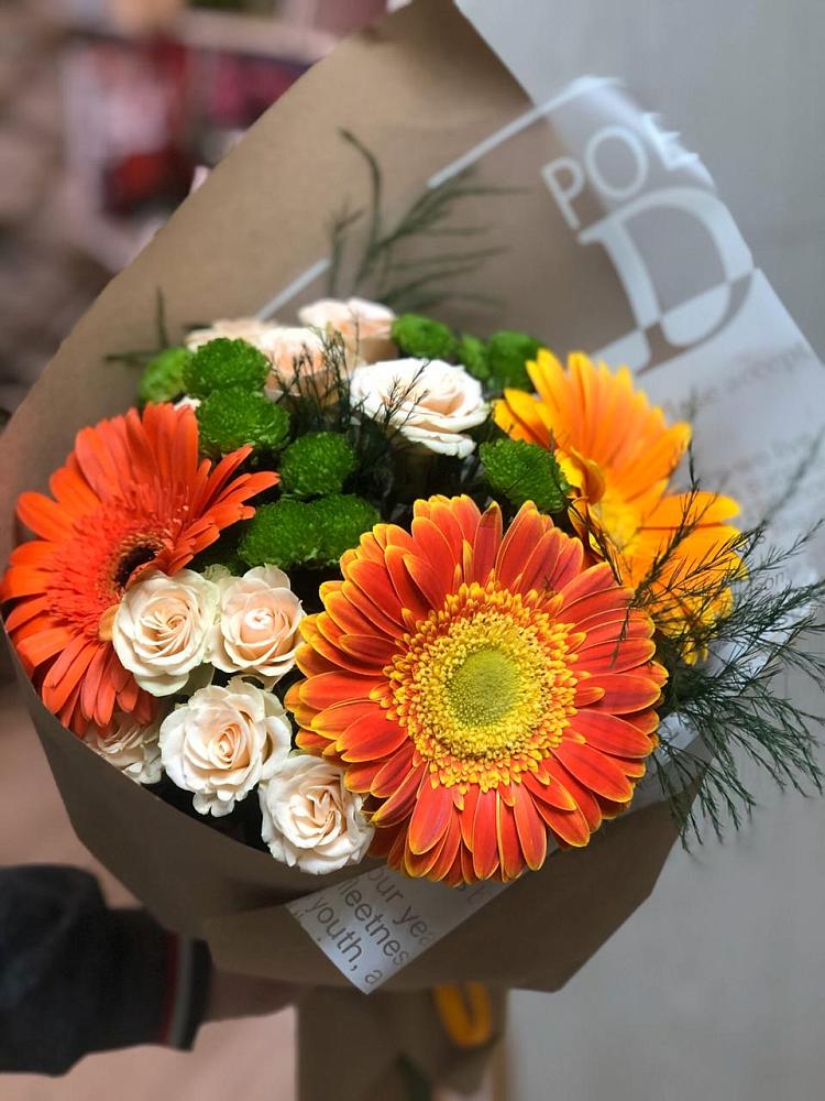 Букет цветов из: Герберы, Хризантемы и Розы в Борское