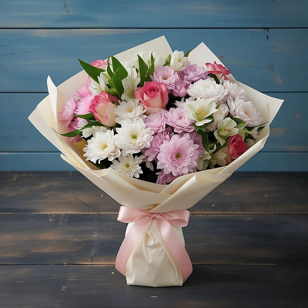 Букет цветов из: Хризантемы, Альстромерии и Розы в Борское